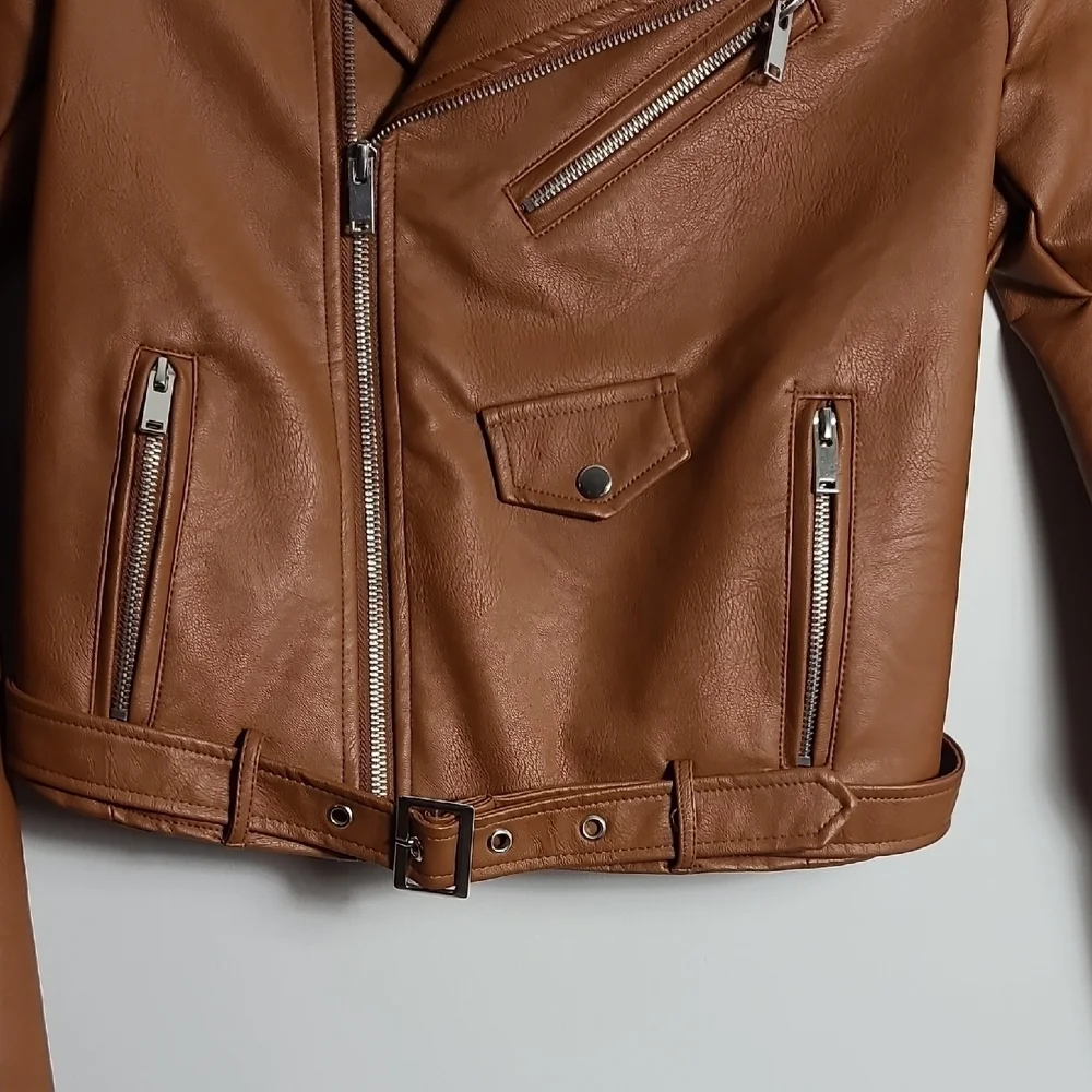 LOVE TREE Tan Vegan Leather Moto Jacket Brown Zip Up Size Small - Picture 5 of 16